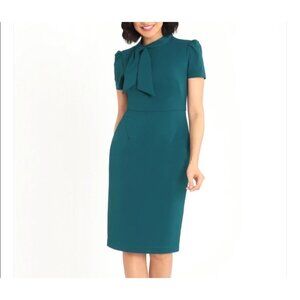 Maggy London Dress Women's 16 Turquoise Green Tie Neck Midi Career Office NWT